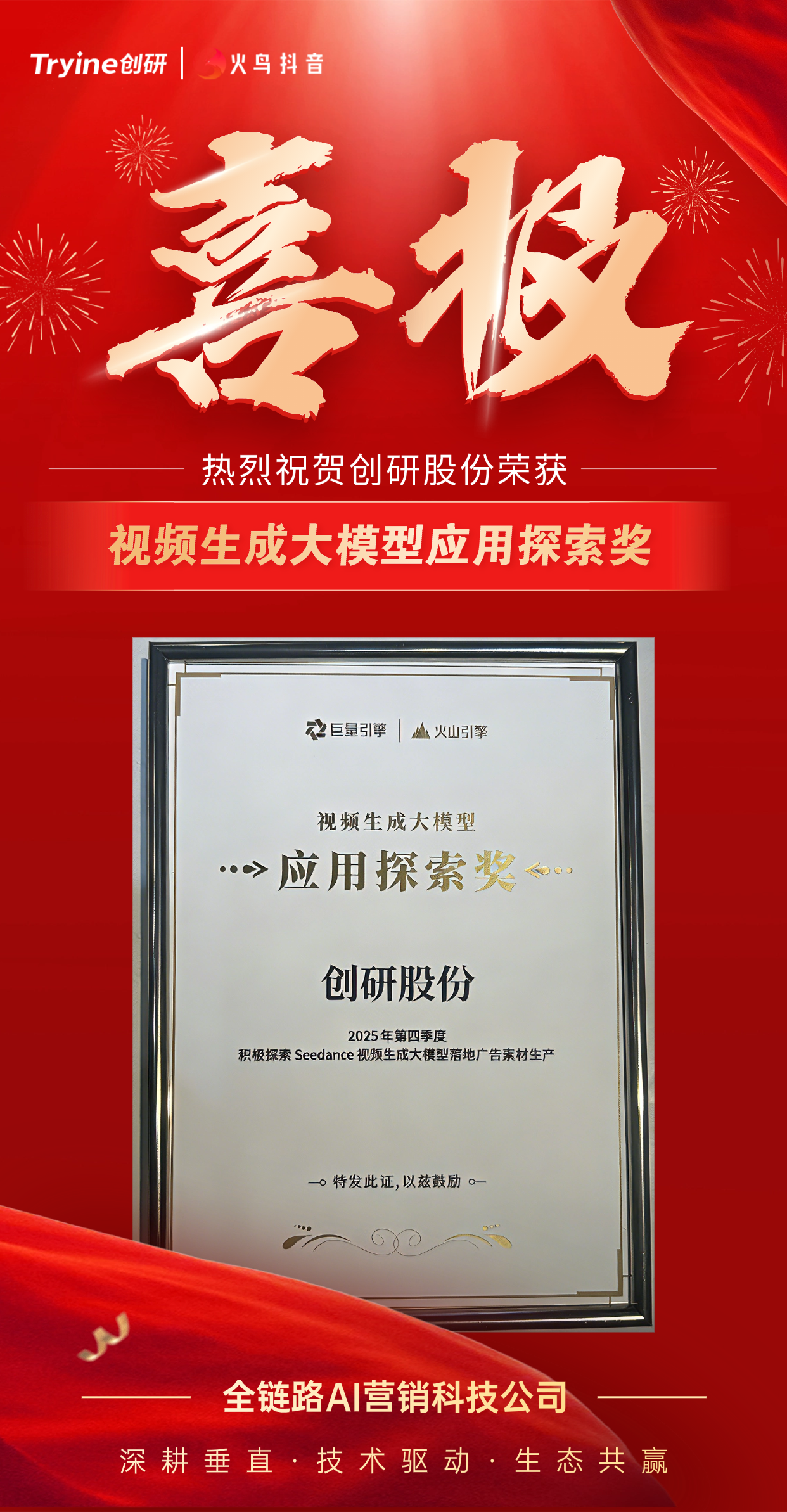 創(chuàng)研股份以垂直大模型賦能AIGC營(yíng)銷 獲巨量引擎和火山引擎聯(lián)合頒發(fā)的應(yīng)用探索獎(jiǎng)